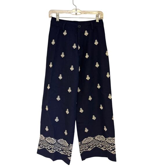 Elie Tahari Navy Blue & White Embroidered Linen Blend Wide-Leg Pants NWT - Picture 1 of 8